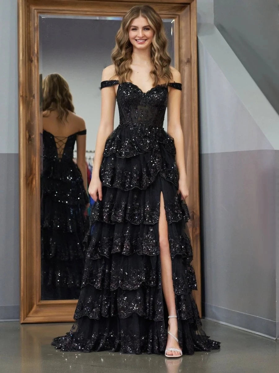 Glamorous Ball-Gown Sweetheart Spaghetti-Strap Lace-Up-Back Ruffled-Hem Floor-Length Prom Dress