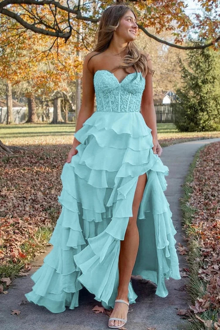Glamorous Ball-Gown Sweetheart Strapless Lace-Up-Back Ruffled-Hem Floor-Length Prom Dress