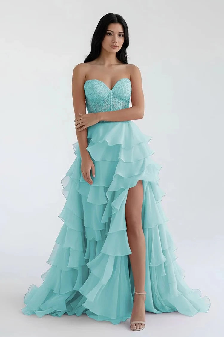 Glamorous Ball-Gown Sweetheart Strapless Lace-Up-Back Ruffled-Hem Floor-Length Prom Dress