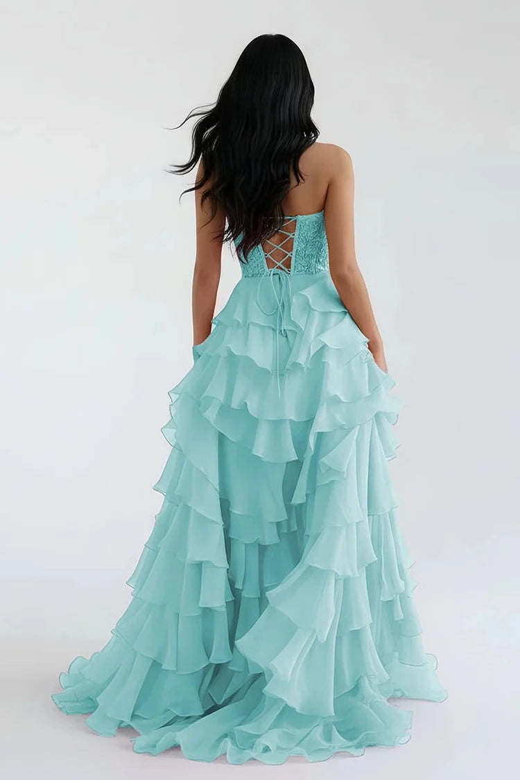 Glamorous Ball-Gown Sweetheart Strapless Lace-Up-Back Ruffled-Hem Floor-Length Prom Dress
