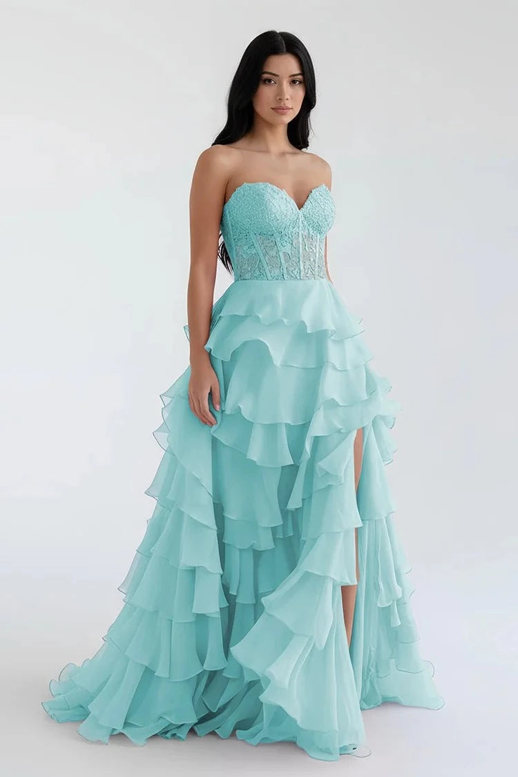 Glamorous Ball-Gown Sweetheart Strapless Lace-Up-Back Ruffled-Hem Floor-Length Prom Dress