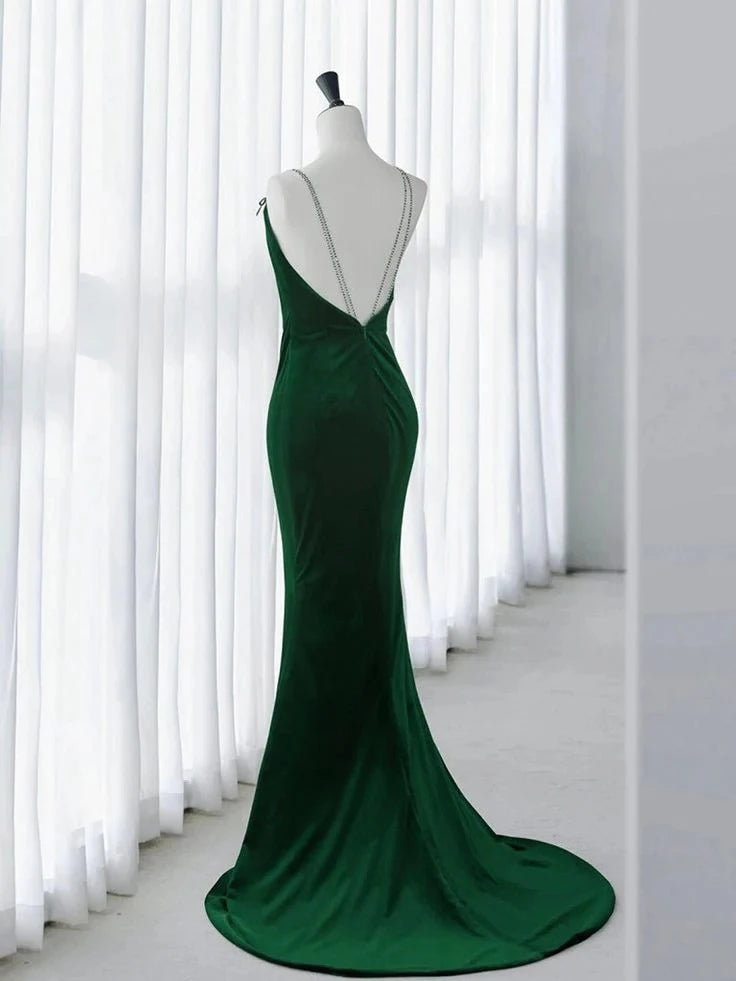 Glamorous Mermaid Cowl-Neck Rhinestone-Strap Open-Back Train Floor-Length Evening Dress