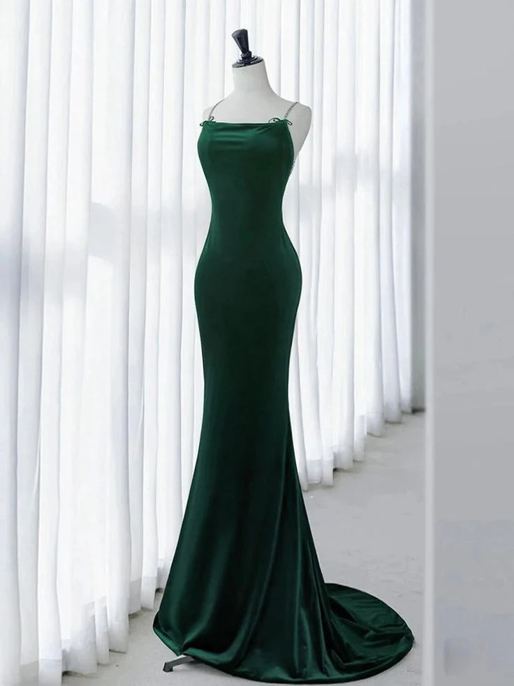 Glamorous Mermaid Cowl-Neck Rhinestone-Strap Open-Back Train Floor-Length Evening Dress