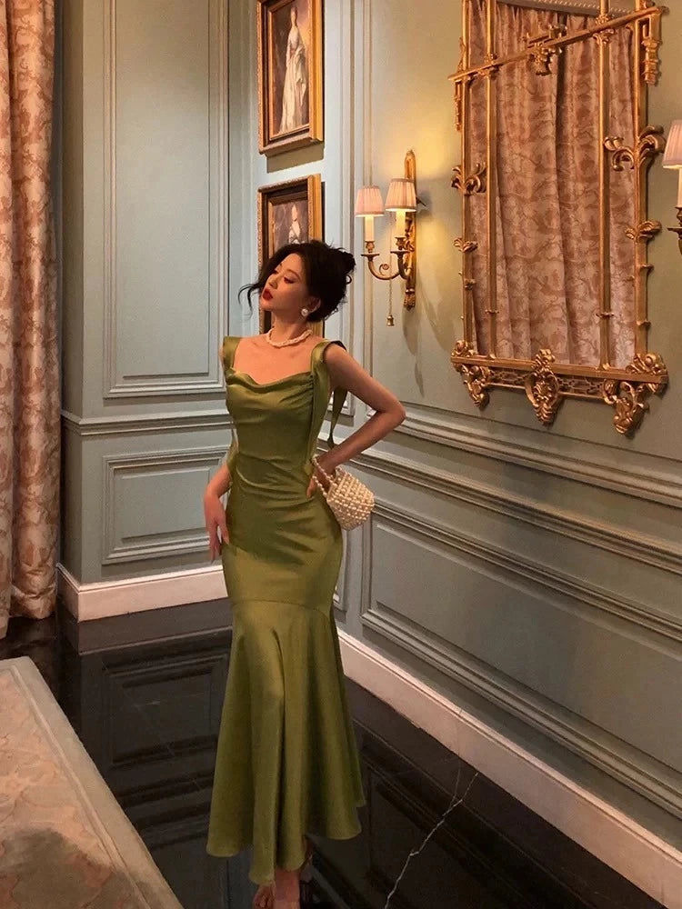 Glamorous Mermaid Cowl Neck Sleeveless Open Back Ruched Satin Evening Dress