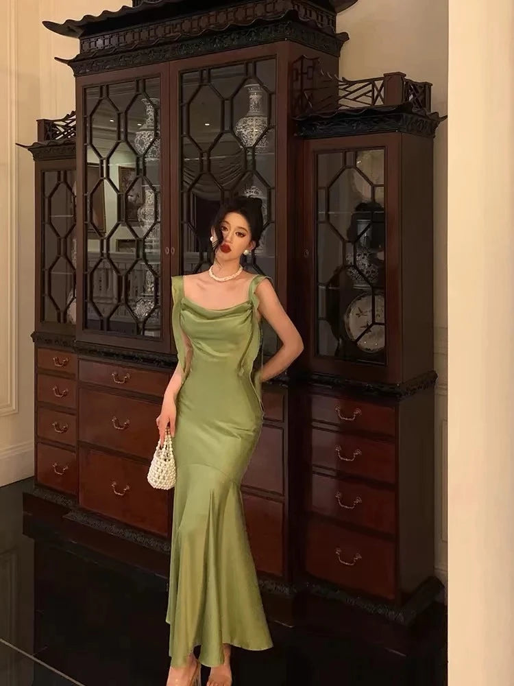 Glamorous Mermaid Cowl Neck Sleeveless Open Back Ruched Satin Evening Dress
