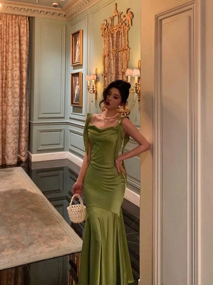 Glamorous Mermaid Cowl Neck Sleeveless Open Back Ruched Satin Evening Dress