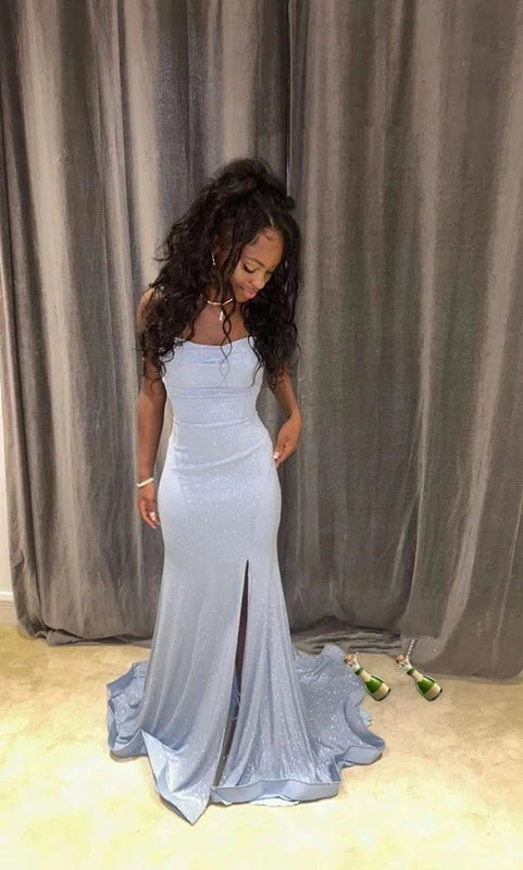 Glamorous Mermaid Cowl Neck Spaghetti Strap Lace Up Back High Slit Floor Length Evening Dress