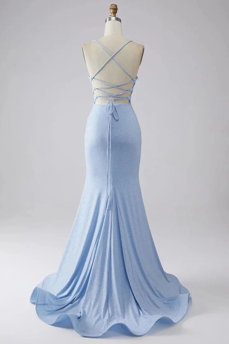 Glamorous Mermaid Cowl Neck Spaghetti Strap Lace Up Back High Slit Floor Length Evening Dress