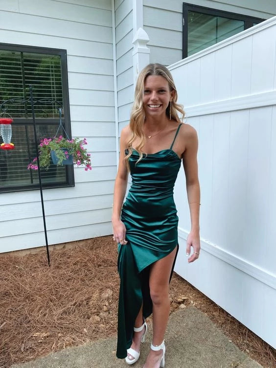 Glamorous Mermaid Cowl Neck Spaghetti-Strap Open Back Ruched High-Low Satin Evening Dress