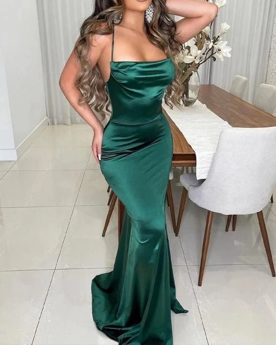 Glamorous Mermaid Cowl Neck Spaghetti Strap Sleeveless Open Back Floor Length Prom Dress