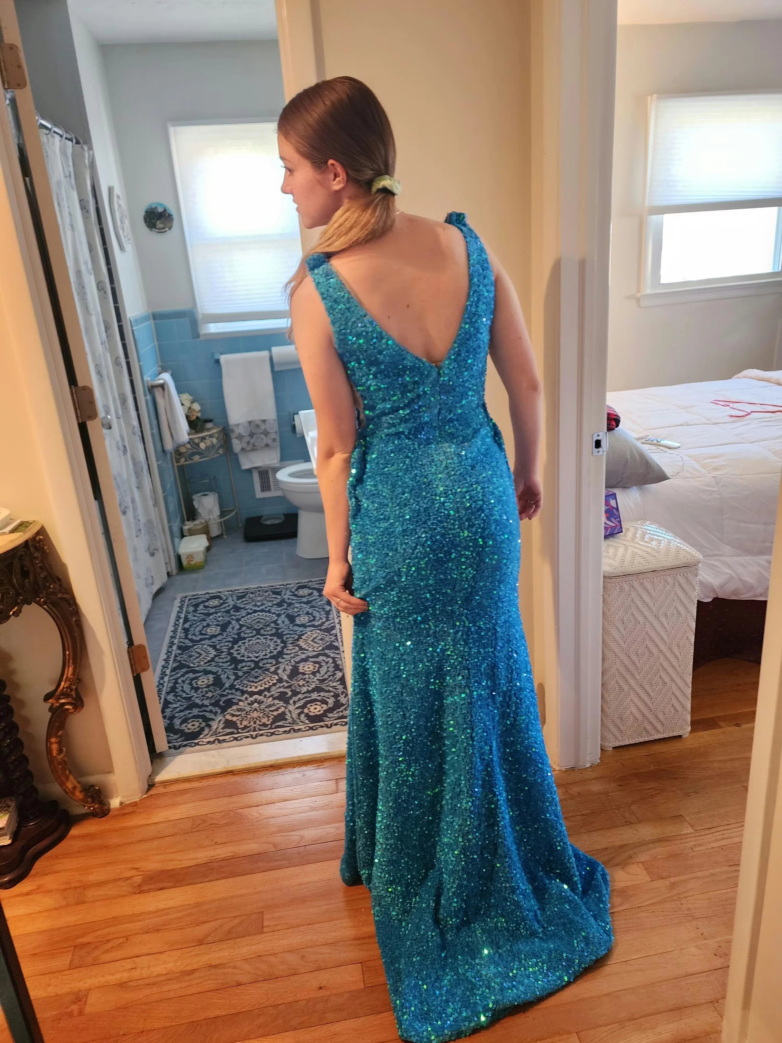 Glamorous Mermaid Deep V-Neck Sleeveless Open-Back Sequin Floor-Length Prom Dress