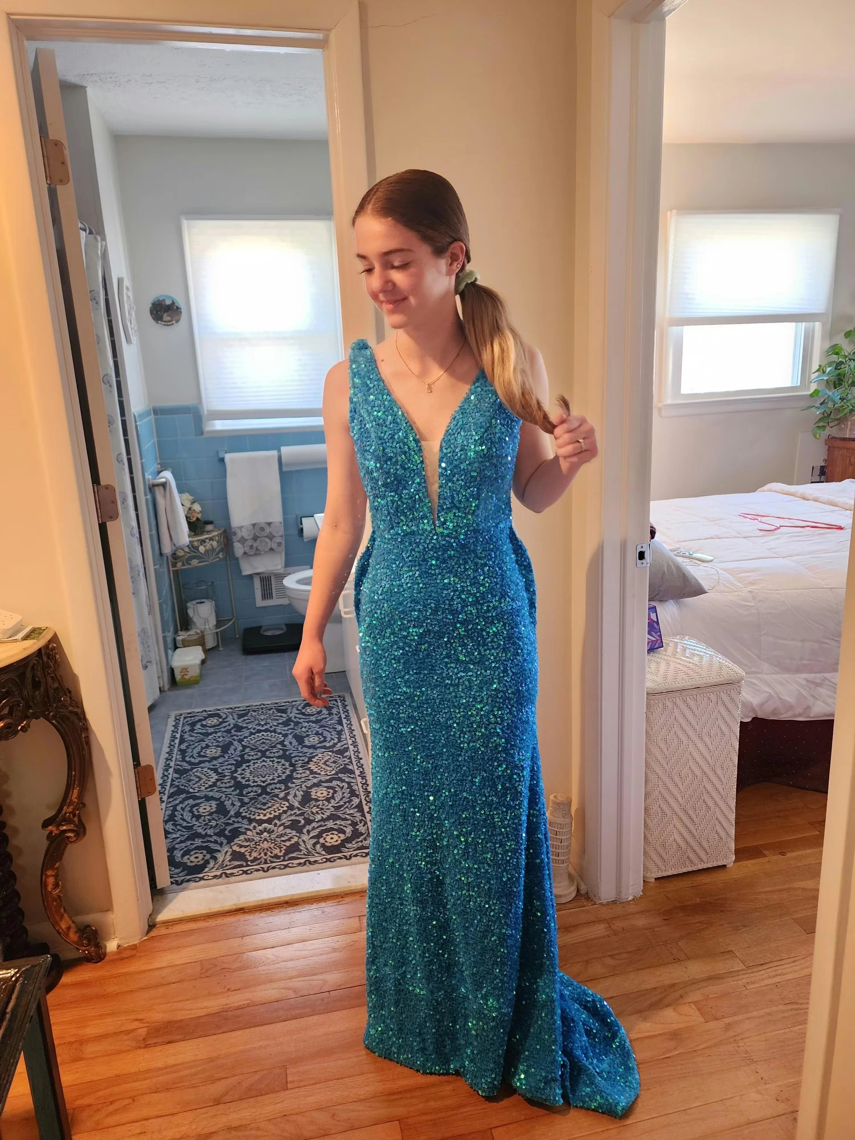 Glamorous Mermaid Deep V-Neck Sleeveless Open-Back Sequin Floor-Length Prom Dress