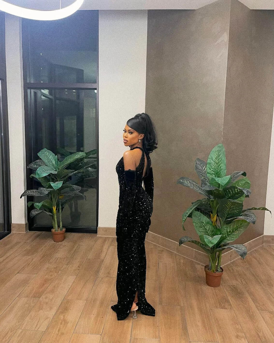 Glamorous Mermaid Halter Neck One Sleeve Open Back High Slit Floor Length Evening Dress