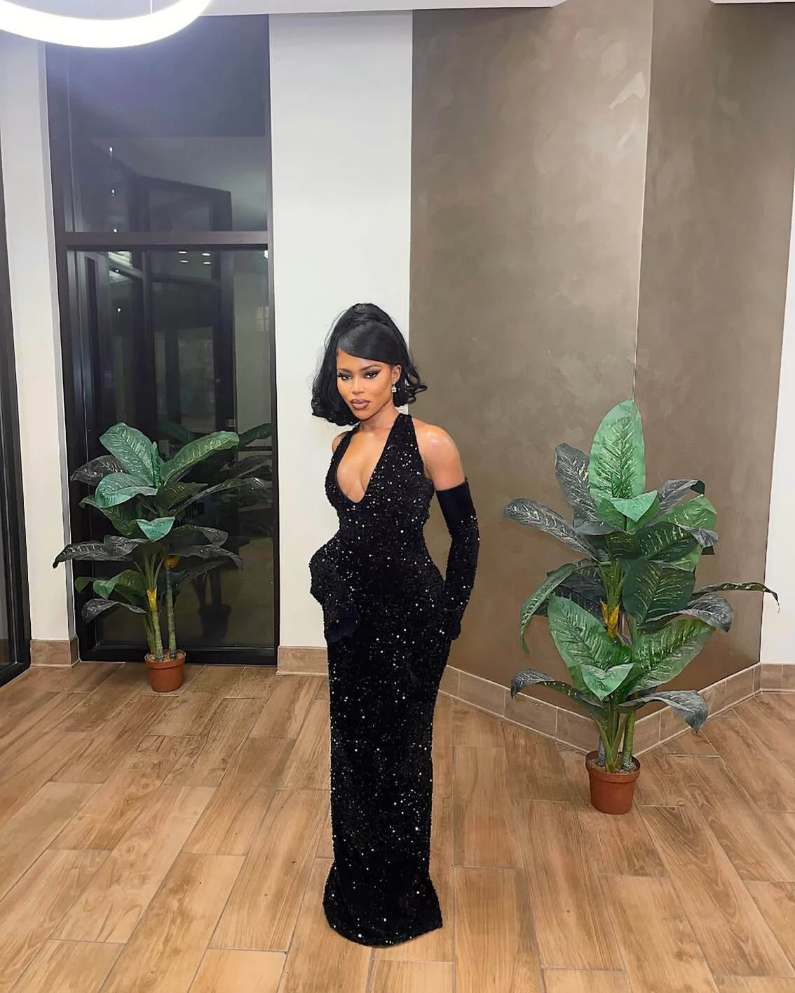 Glamorous Mermaid Halter Neck One Sleeve Open Back High Slit Floor Length Evening Dress