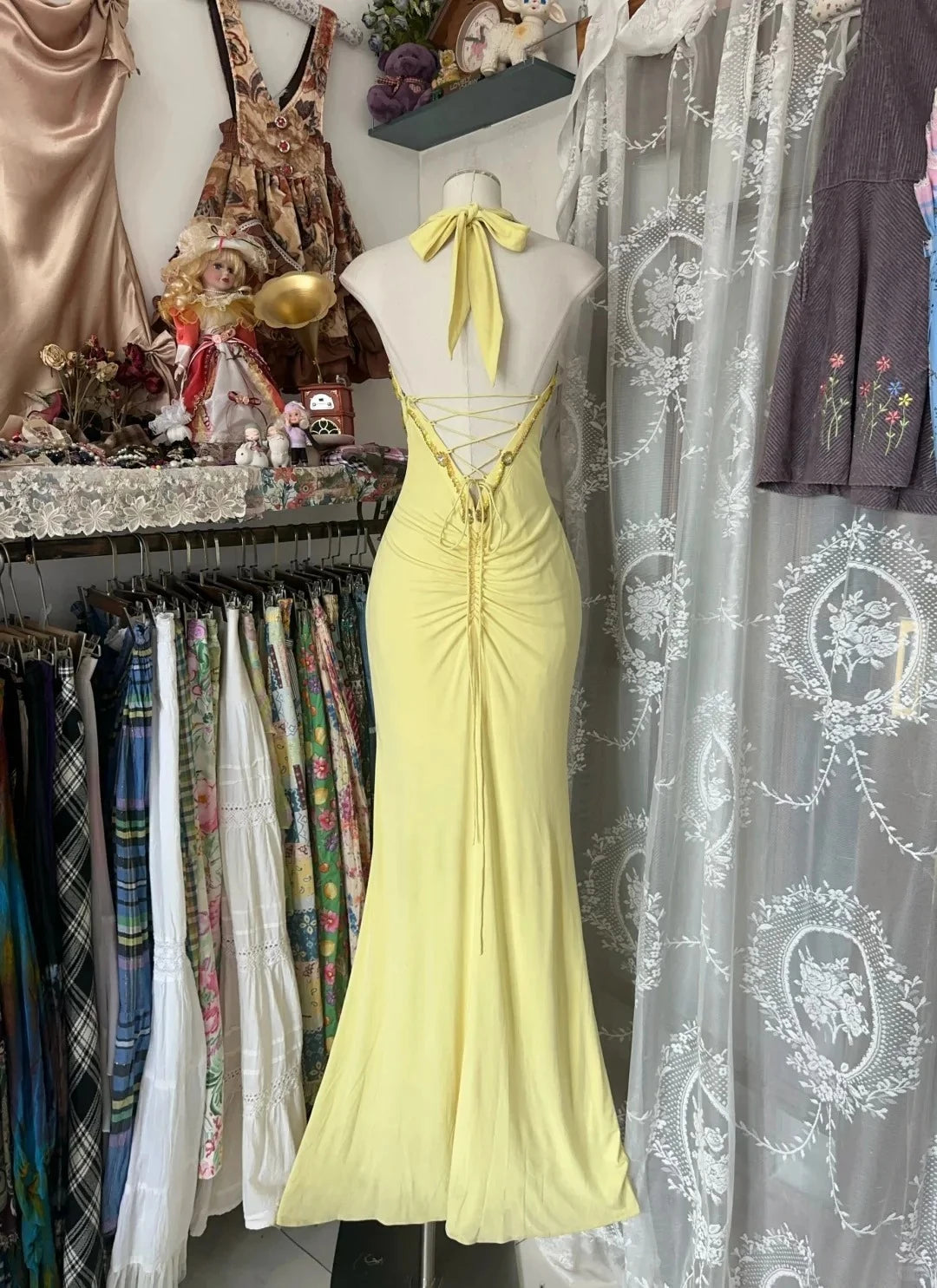 Glamorous Mermaid Halter Neck Sleeveless Lace Up Back Beaded Floor Length Evening Dress