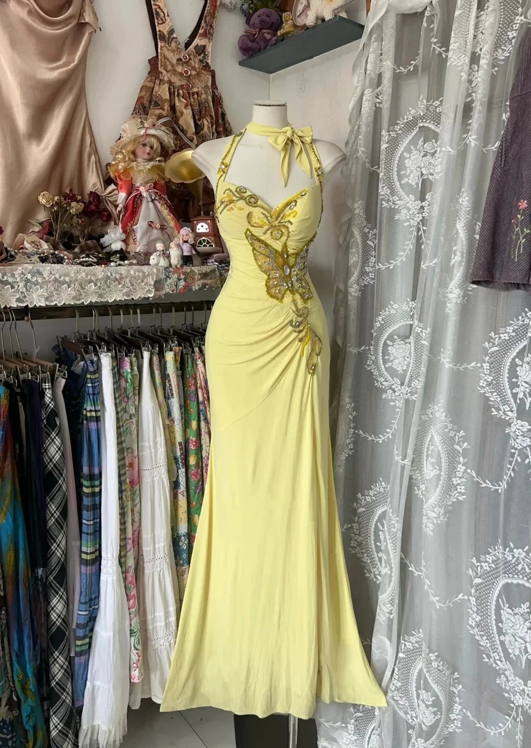 Glamorous Mermaid Halter Neck Sleeveless Lace Up Back Beaded Floor Length Evening Dress