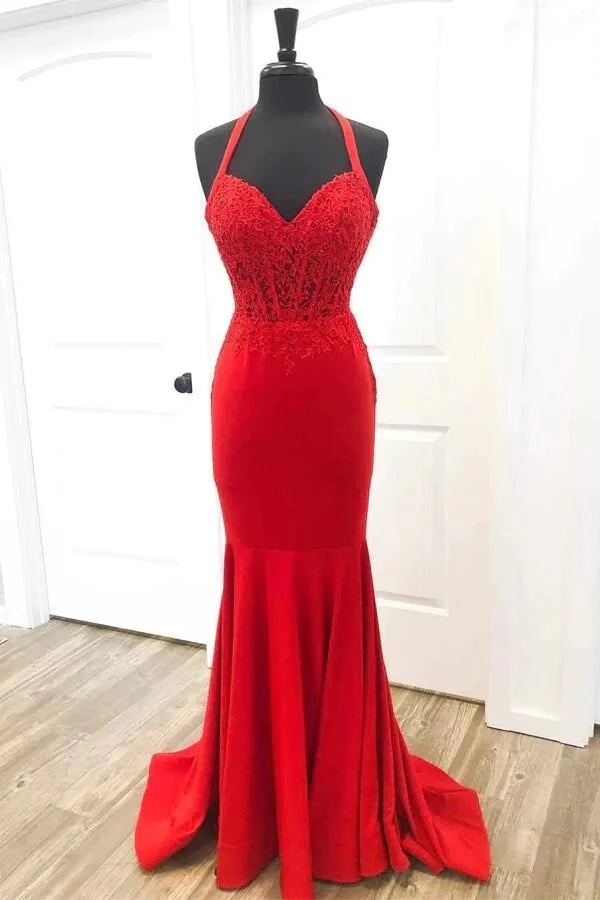 Glamorous Mermaid Halter-Neck Sleeveless Lace-Up Back Floral Lace Satin Train Evening Dress