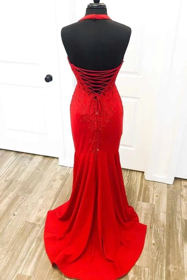 Glamorous Mermaid Halter-Neck Sleeveless Lace-Up Back Floral Lace Satin Train Evening Dress
