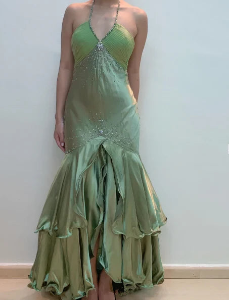 Glamorous Mermaid Halter Neck Sleeveless Open Back Beaded Ruffled Floor-Length Evening Dress