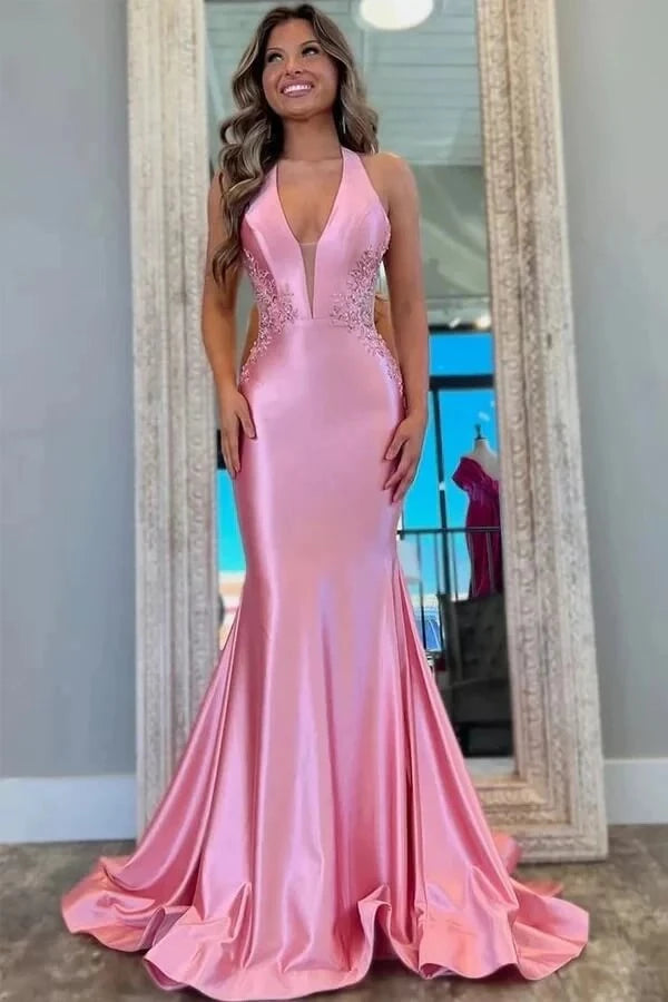 Glamorous Mermaid Halter-Neck Sleeveless Open Back Beaded Satin Train Prom Dress