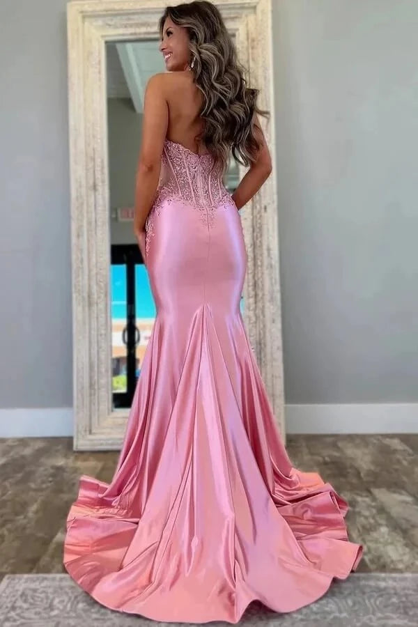 Glamorous Mermaid Halter-Neck Sleeveless Open Back Beaded Satin Train Prom Dress
