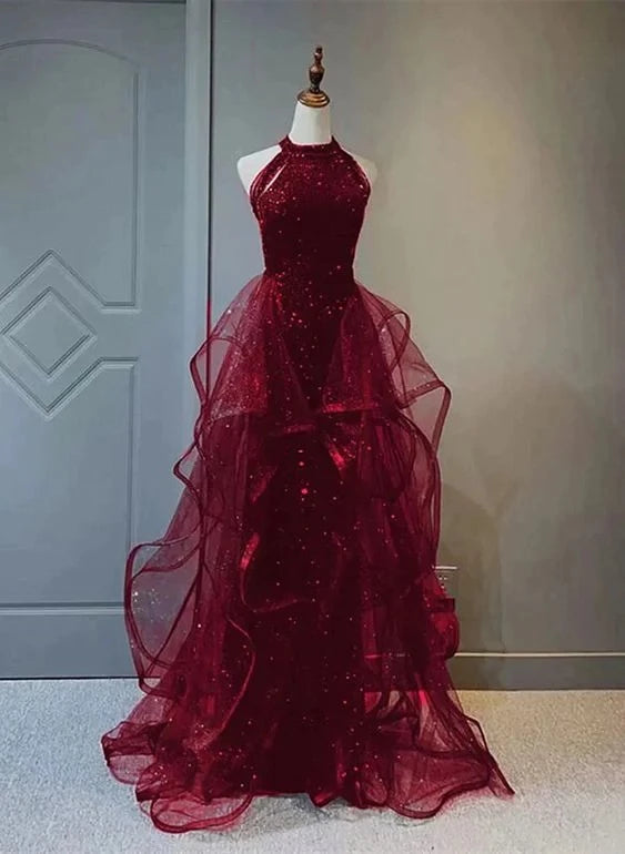 Glamorous Mermaid Halter Sleeveless Open-Back Train-Floor-Length Evening Dress