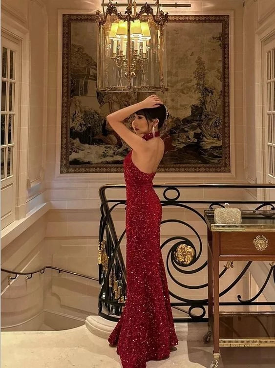 Glamorous Mermaid Halter Sleeveless Sequin Floor-Length Evening Dress