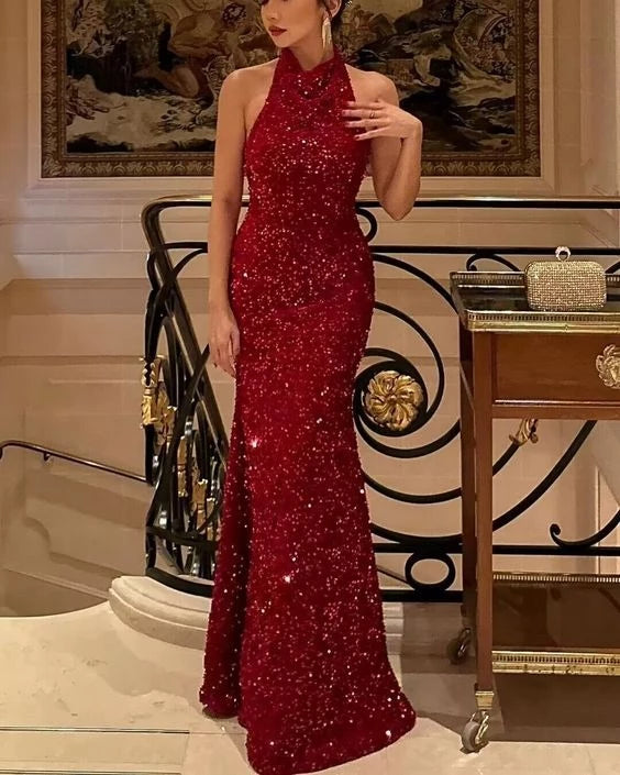 Glamorous Mermaid Halter Sleeveless Sequin Floor-Length Evening Dress