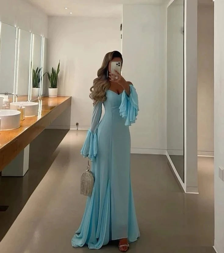 Glamorous Mermaid Off-Shoulder Sweetheart-Neck Ruffle-Sleeve Slit-Detail Floor-Length Prom Dress