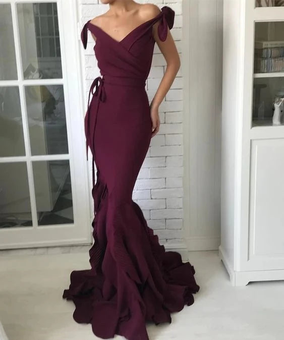 Glamorous Mermaid Off-The-Shoulder Bow-Detail Ruffled-Train Floor-Length Evening Dress
