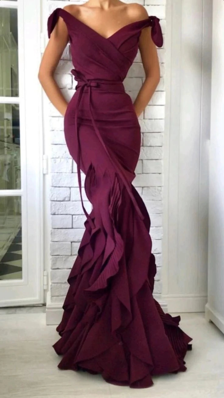 Glamorous Mermaid Off-The-Shoulder Bow-Detail Ruffled-Train Floor-Length Evening Dress
