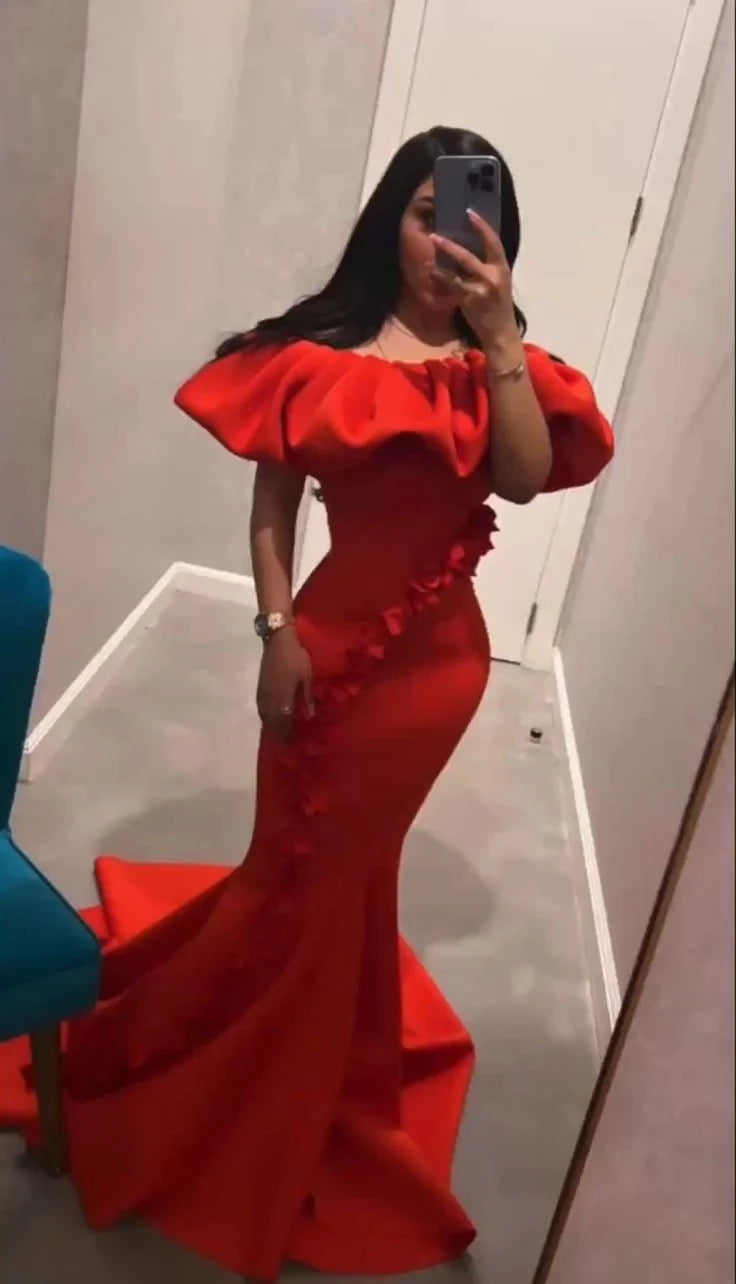 Glamorous Mermaid Off-The-Shoulder Puff-Sleeve Floral-Appliqué Floor-Length Evening Dress