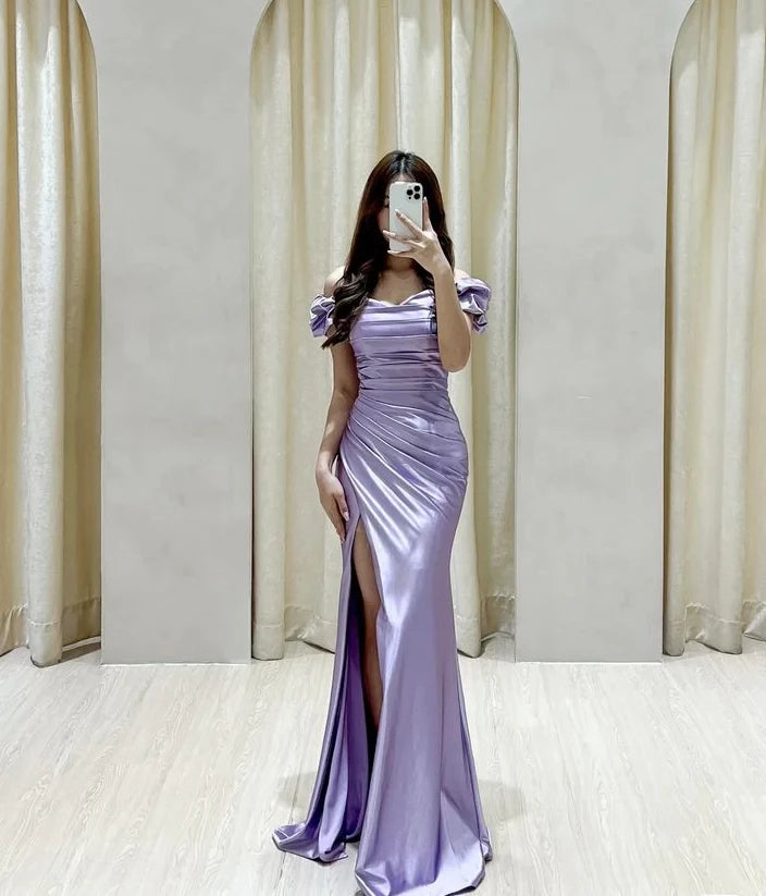 Glamorous Mermaid Off-The-Shoulder Puff-Sleeve High-Slit Floor-Length Evening Dress