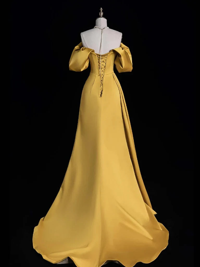 Glamorous Mermaid Off-The-Shoulder Puff-Sleeve Lace-Up-Back High-Slit Train Floor-Length Evening Dress