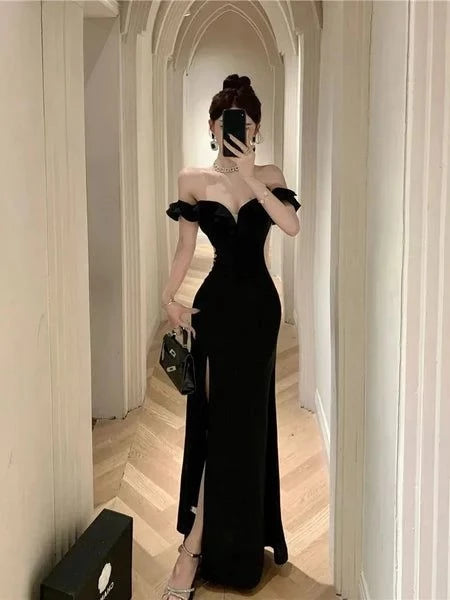 Glamorous Mermaid Off-The-Shoulder Ruffled-Sleeve High-Slit Floor-Length Evening Dress