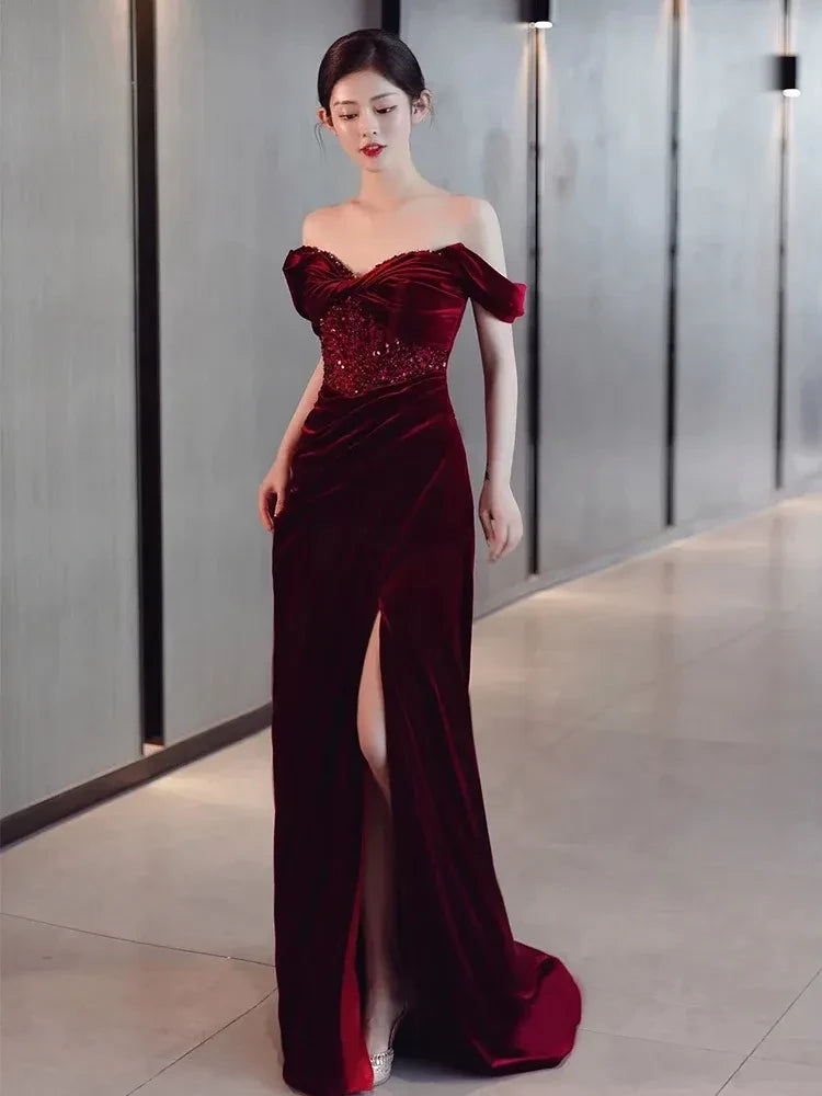 Glamorous Mermaid Off-The-Shoulder Short Sleeve Sequin Velvet Maxi Evening Dress