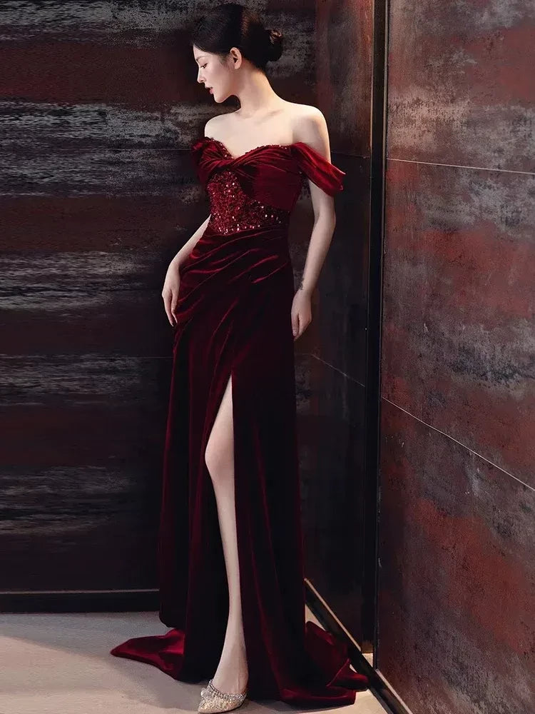 Glamorous Mermaid Off-The-Shoulder Short Sleeve Sequin Velvet Maxi Evening Dress