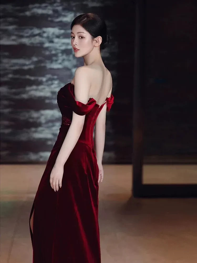 Glamorous Mermaid Off-The-Shoulder Short Sleeve Sequin Velvet Maxi Evening Dress