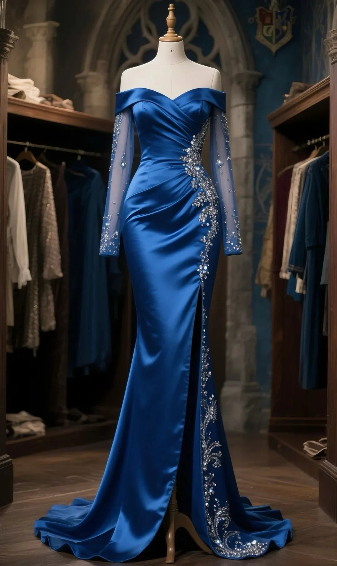 Glamorous Mermaid Off-the-Shoulder Long Sleeve Open Back Beaded Satin Evening Dress