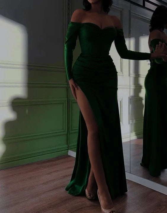 Glamorous Mermaid Off-the-Shoulder Long-Sleeve Open Back Ruched High-Slit Satin Evening Dress