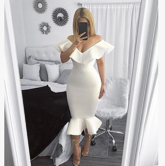 Glamorous Mermaid Off-the-Shoulder Sleeveless Open Back Ruffled Midi Evening Dress