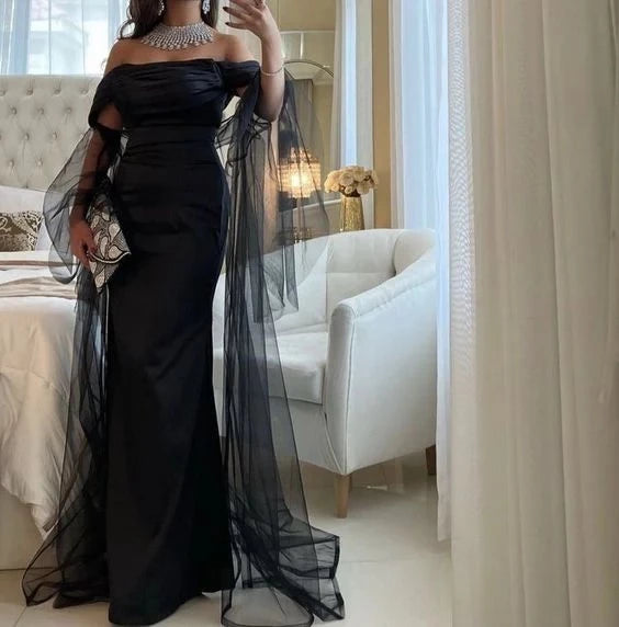 Glamorous Mermaid Off-the-Shoulder Sweetheart Sheer Tulle Sleeve Floor Length Prom Dress