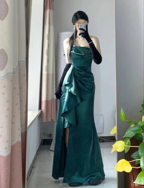 Glamorous Mermaid One-Shoulder Draped-Bodice Open Back Ruffled High-Slit Satin Maxi Evening Dress