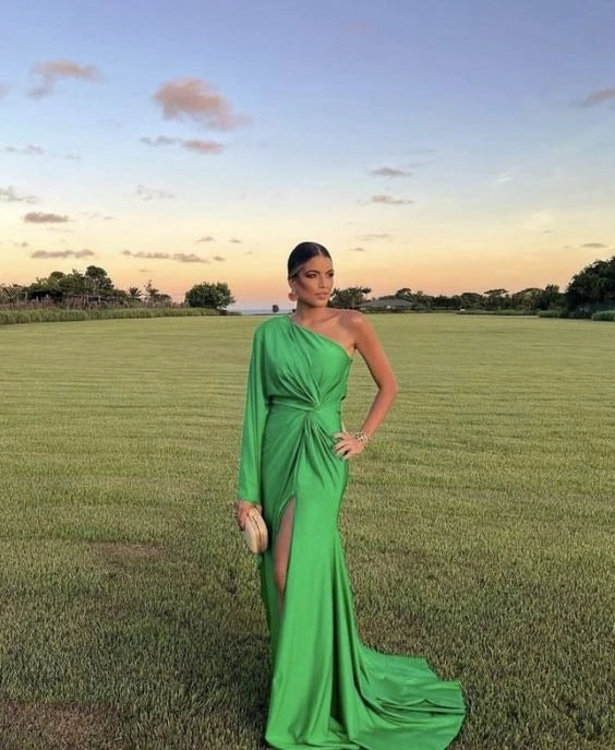 Glamorous Mermaid One-Shoulder Draped-Sleeve Open Back High-Slit Satin Train Evening Dress