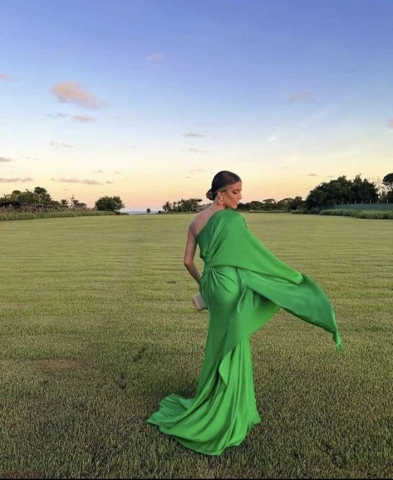 Glamorous Mermaid One-Shoulder Draped-Sleeve Open Back High-Slit Satin Train Evening Dress