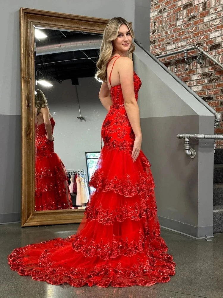 Glamorous Mermaid One-Shoulder Sleeveless Lace-Up-Back Ruffled-Hem Floor-Length Prom Dress
