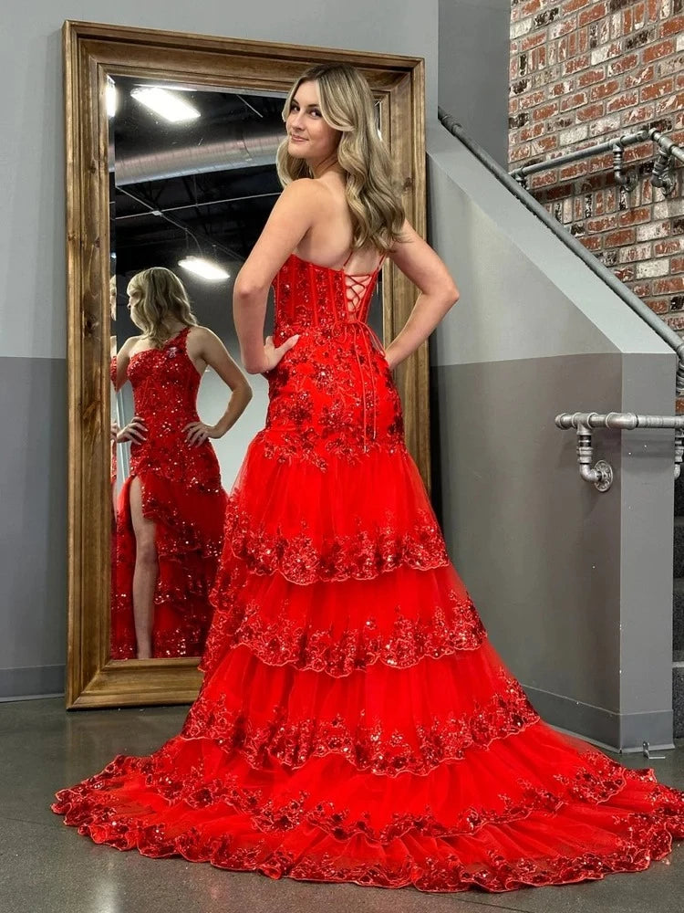 Glamorous Mermaid One-Shoulder Sleeveless Lace-Up-Back Ruffled-Hem Floor-Length Prom Dress