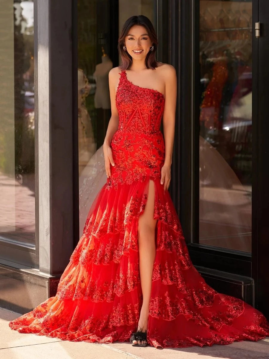 Glamorous Mermaid One-Shoulder Sleeveless Lace-Up-Back Ruffled-Hem Floor-Length Prom Dress