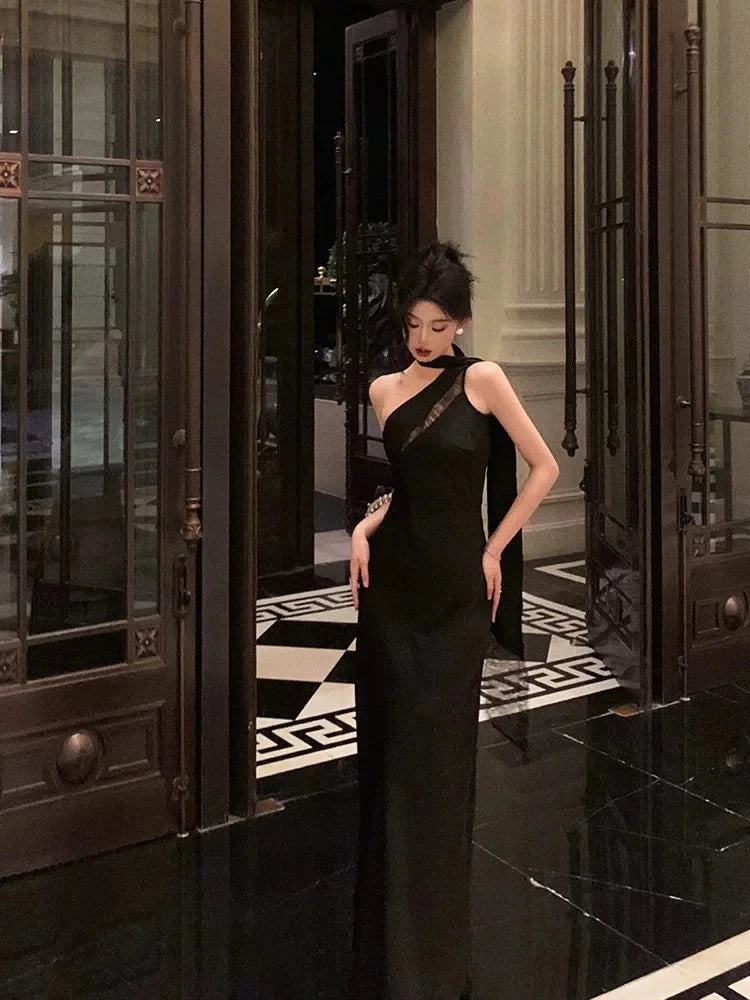 Glamorous Mermaid One-Shoulder Sleeveless Open Back Satin Evening Dress