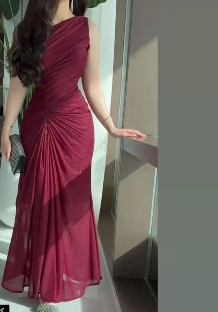 Glamorous Mermaid One-Shoulder Sleeveless Ruched Mesh Maxi Evening Dress